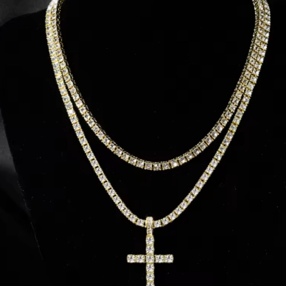 Hip Hop Iced Out Cross Pendant Necklace Strap 4mm Zircon Tennis Chain Men Women